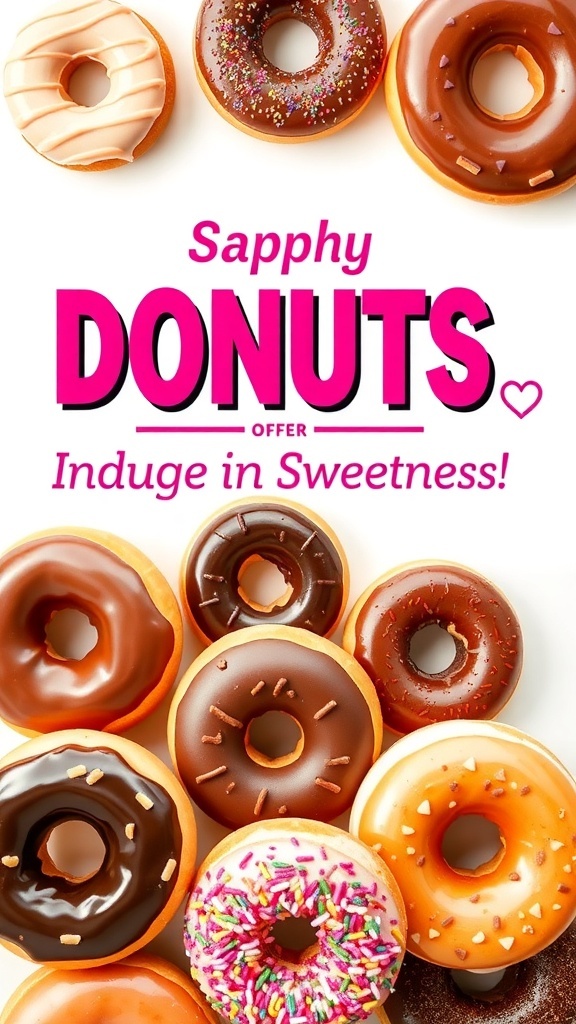 An advertisement poster displaying a variety of colorful donuts with enticing text and a bright background.